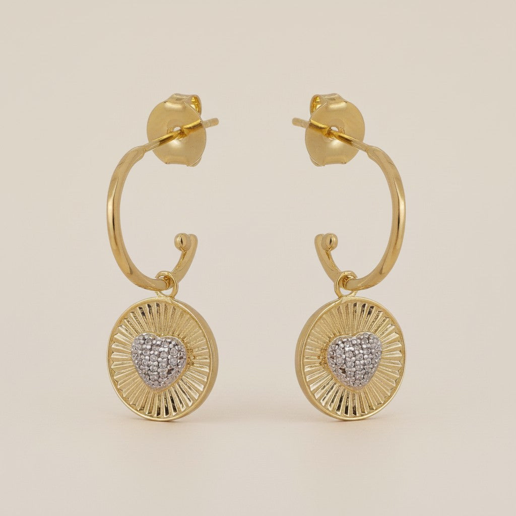 18k Gold Filled Spoke Texture Heart Charm Cubic Zirconia Earrings