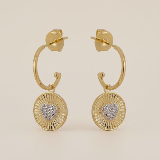 18k Gold Filled Spoke Texture Heart Charm Cubic Zirconia Earrings
