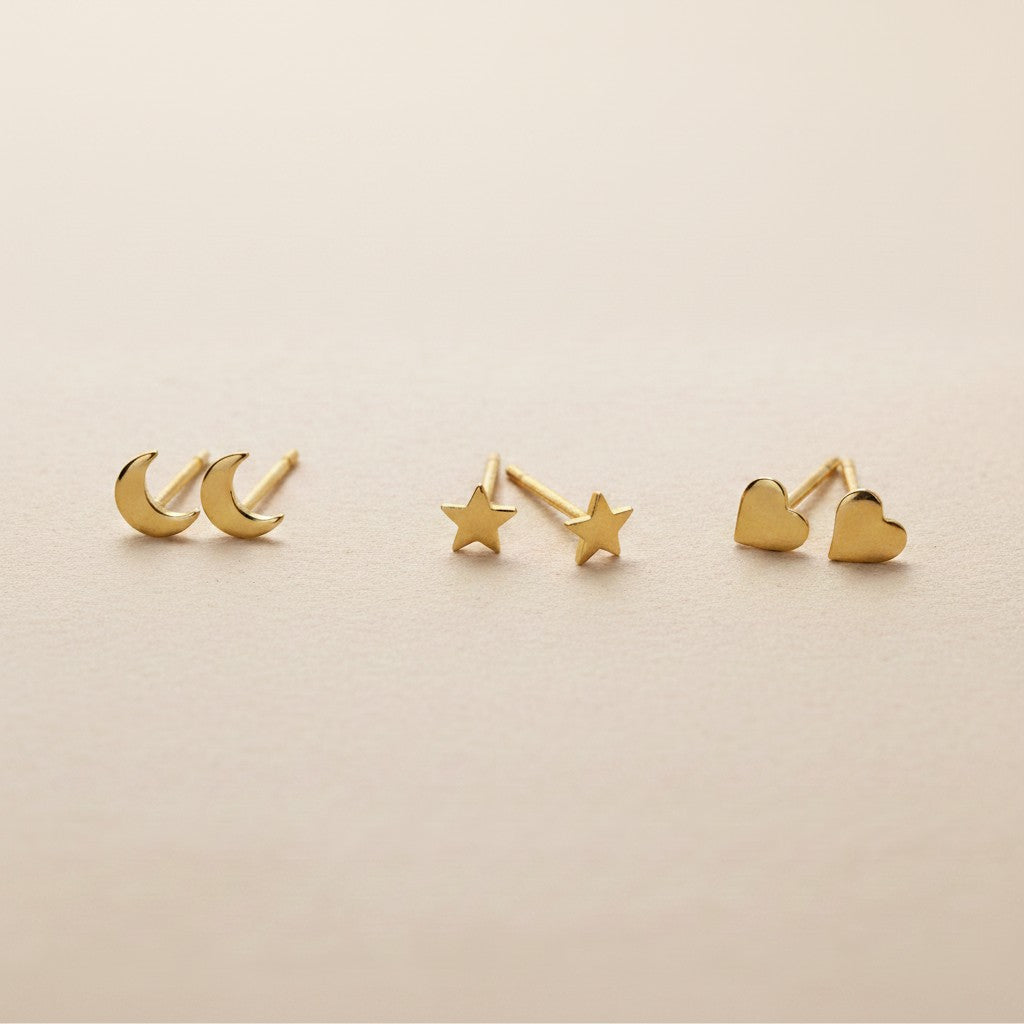 Delicate Earring Set - Moon Star Heart Trio | Minimalist Stud Earrings for Women