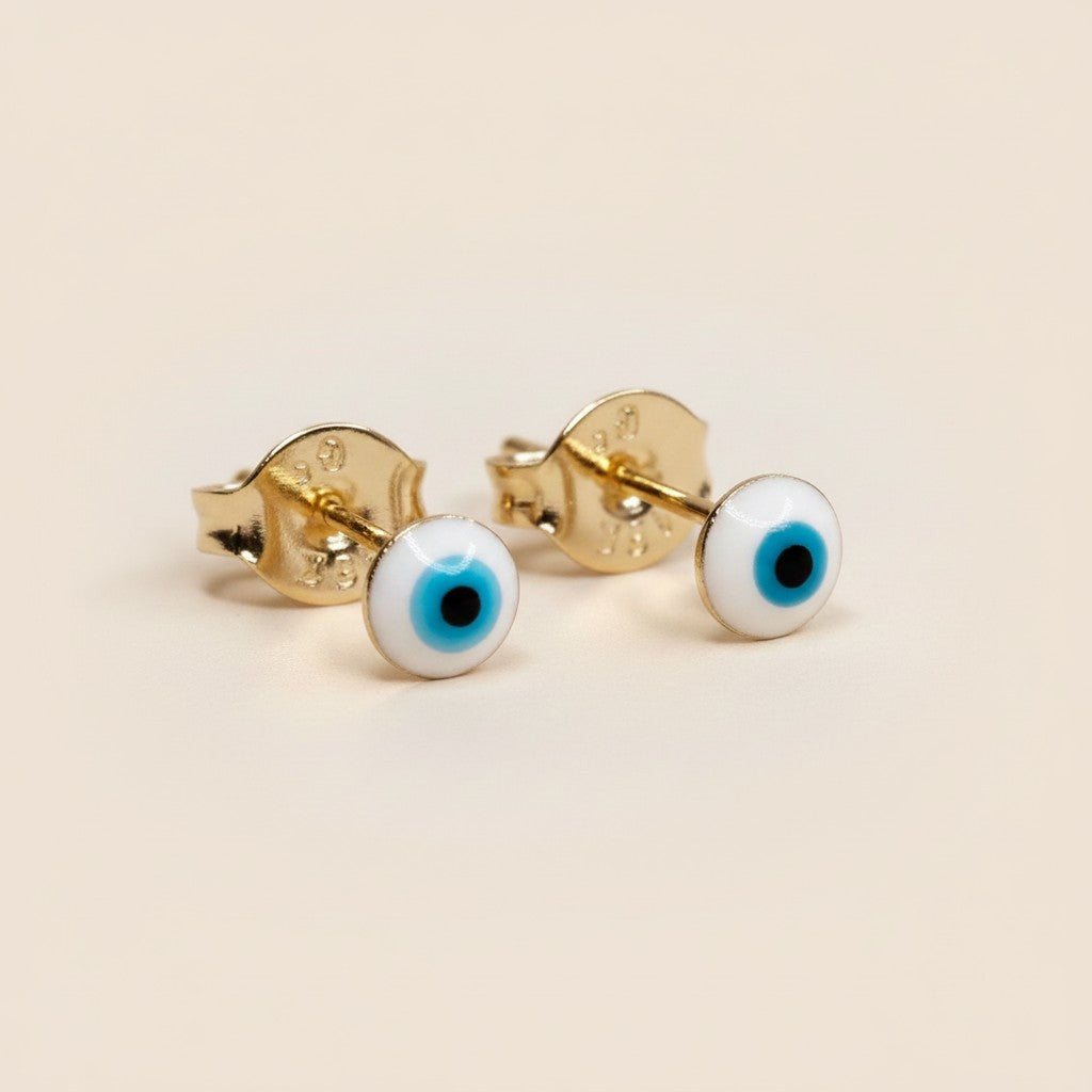👁️ 18k Gold Filled Blue & White Evil Eye Stud Earrings — The Classic Gaze. The Original Color. Always Watching.