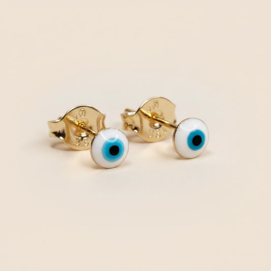 👁️ 18k Gold Filled Blue & White Evil Eye Stud Earrings — The Classic Gaze. The Original Color. Always Watching.