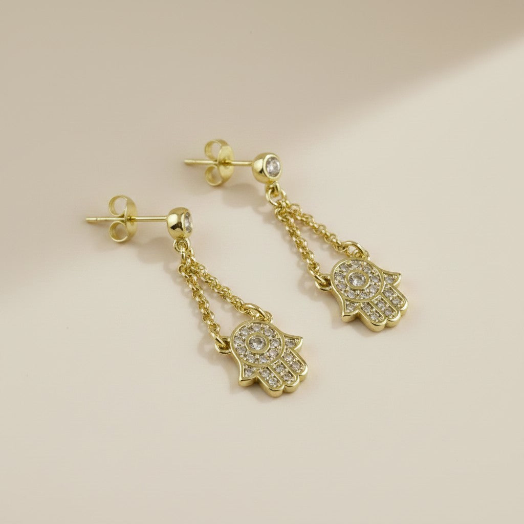 🤲 18k Gold Filled CZ Hamsa Double Chain Dangle Earrings — Protection That Moves With You