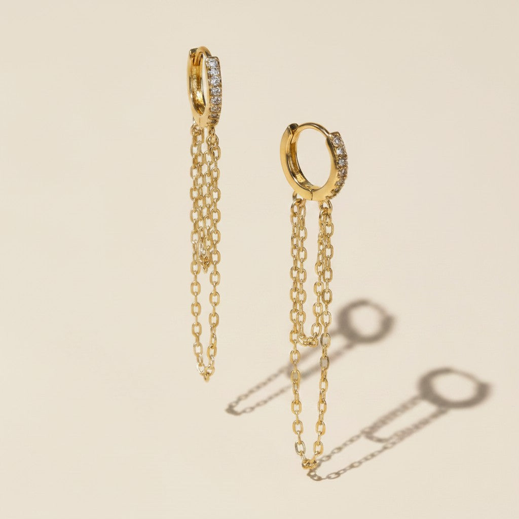 18k Gold Filled CZ Hoop Earrings with Dangling Chains | Bold & Daring Statement