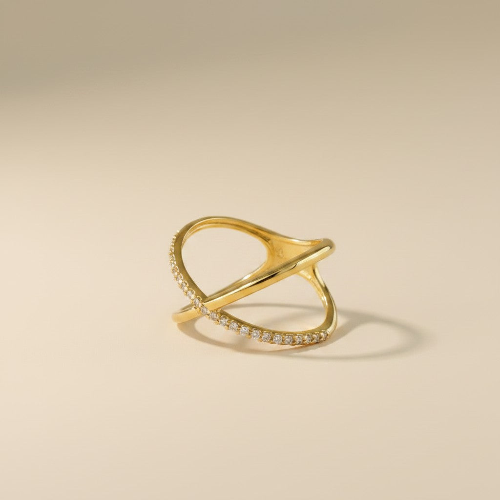 ✨ 18k Gold Filled Half-CZ X Ring — The Asymmetry That Makes It Impossible to Look Away