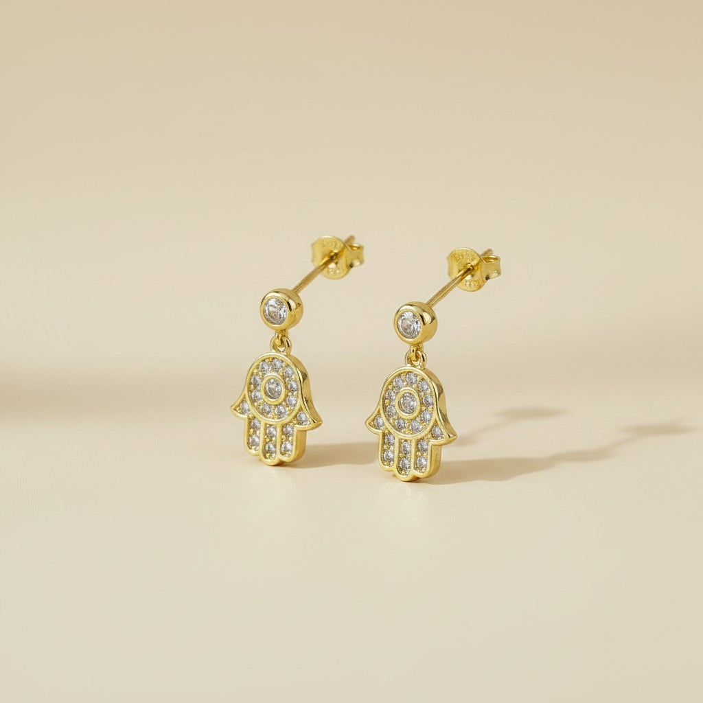 18k Gold Filled CZ Hamsa Drop Earrings — Protection Above. Sparkle Below.