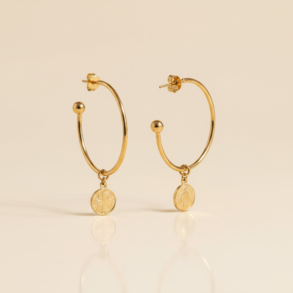 18k Gold Filled Saint Benedict C-Hoop Earrings — Faith, Worn With an Edge