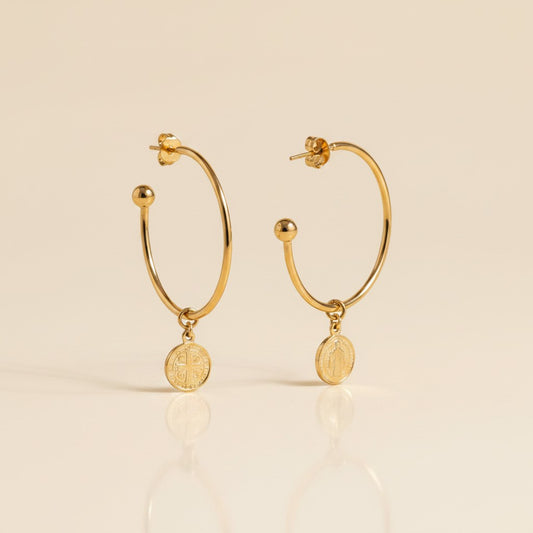 18k Gold Filled Saint Benedict C-Hoop Earrings — Faith, Worn With an Edge