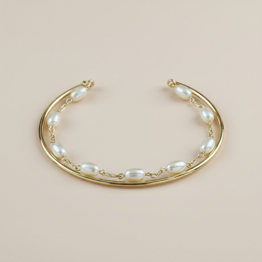 Pearl Cuff Bracelet for Women - Twisted Open Bangle with Elliptical Pearls