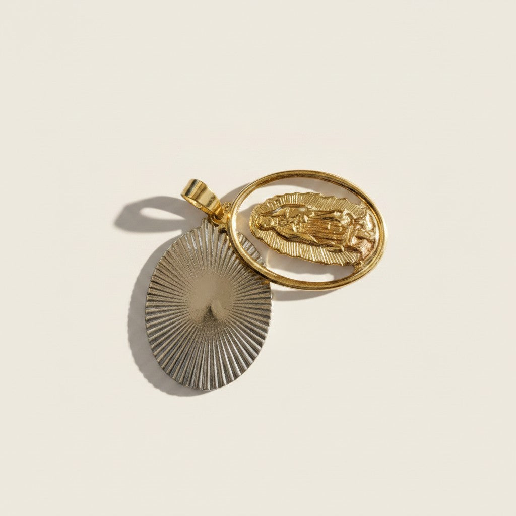 18k Gold Filled Hollowed Oval Lady of Guadalupe Pendant Featuring Rose Gold Detail, Stainless Steel Plate, Wholesale Jewelry Making Supplies