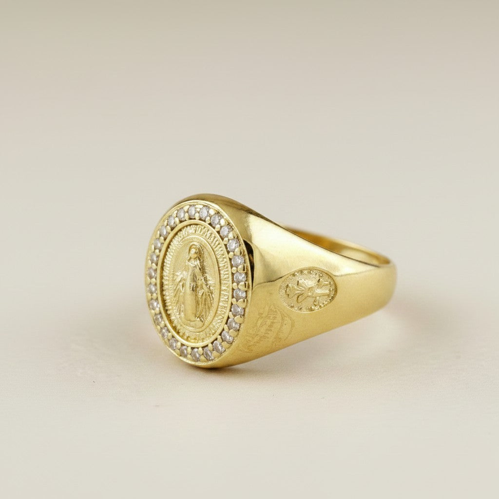 18k Gold Filled Our Lady of Grace CZ Signet Ring — Wear Her Protection. Every Day.