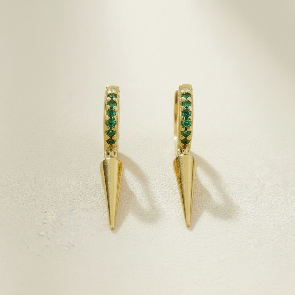 💚 18k Gold Filled Emerald CZ Spike Hoop Earrings — Vivid Green Above. Gold Point Below.
