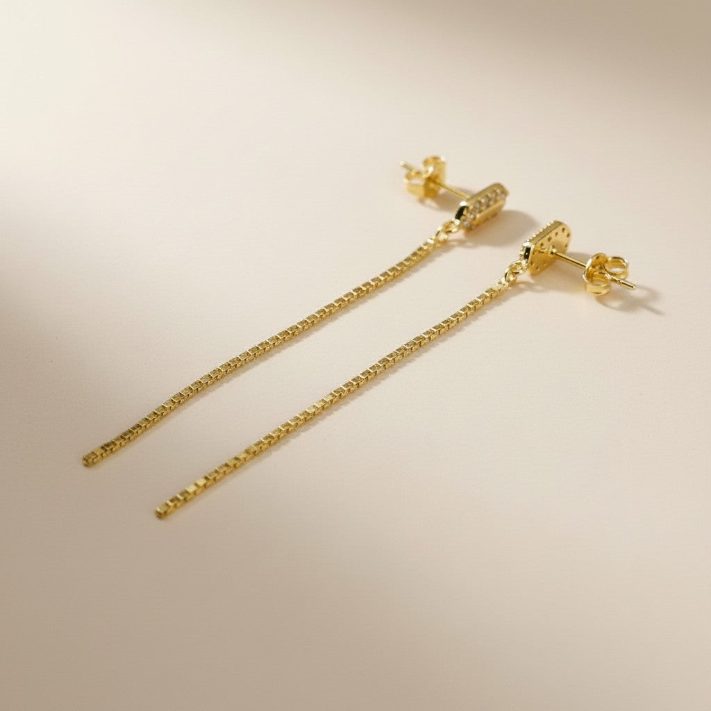 18k Gold Filled CZ Box Chain Drop Earrings — Structured Sparkle, Effortless Drama