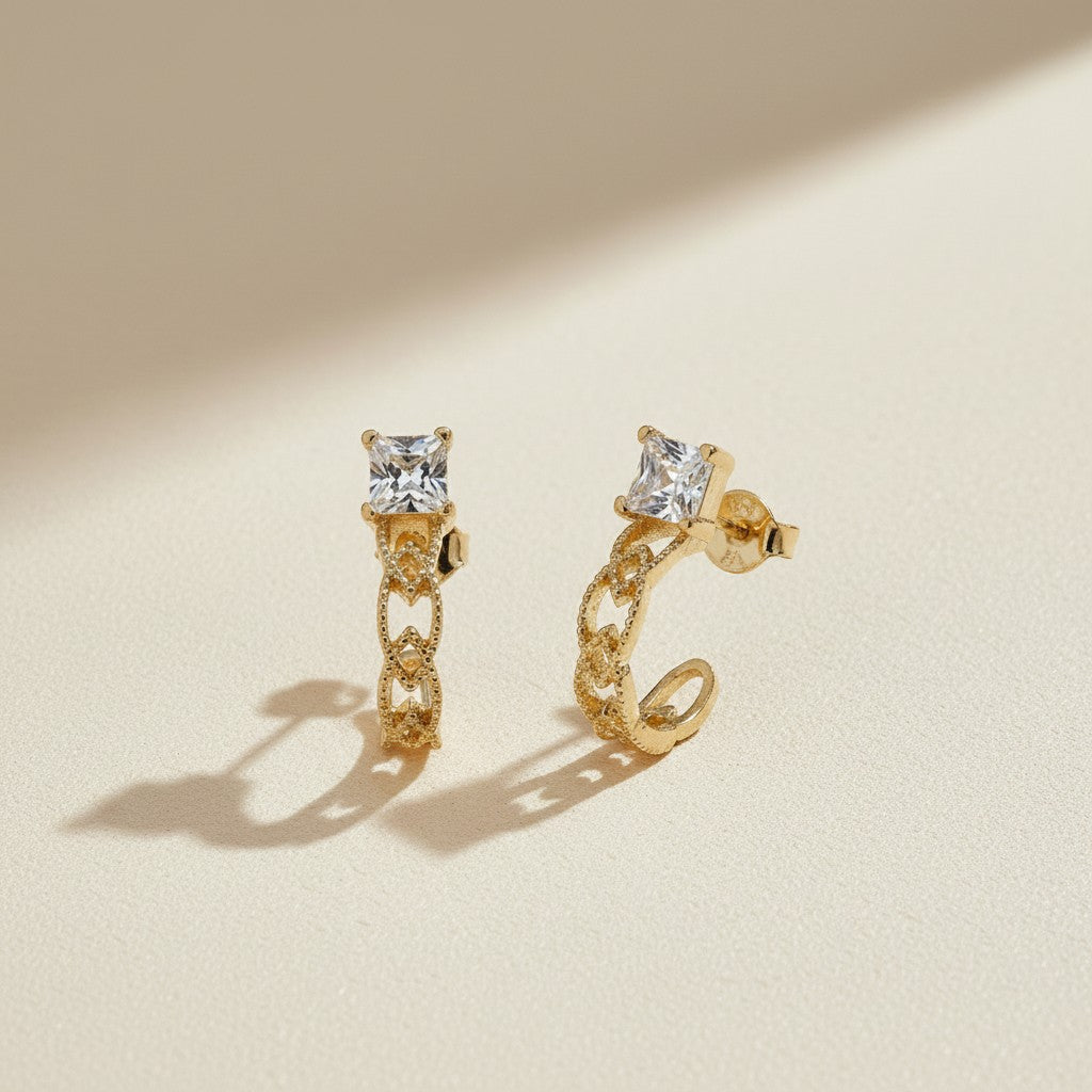 💎 18k Gold Filled Princess Cut CZ C-Hoop Earrings — One Square Stone. The Whole Hoop's Focal Point.