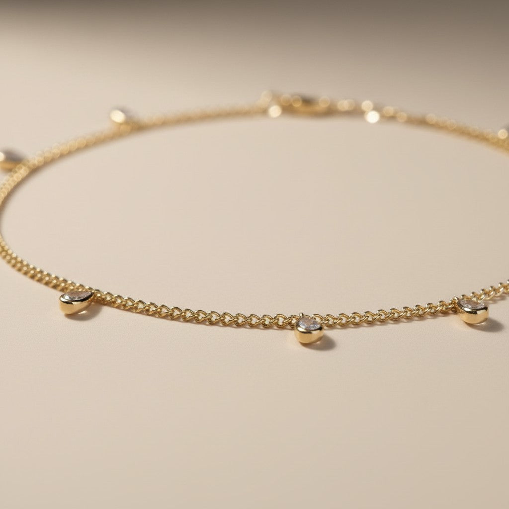 CZ Drop Anklet - Sparkling 2mm Curb Chain with Cubic Zirconia Charms