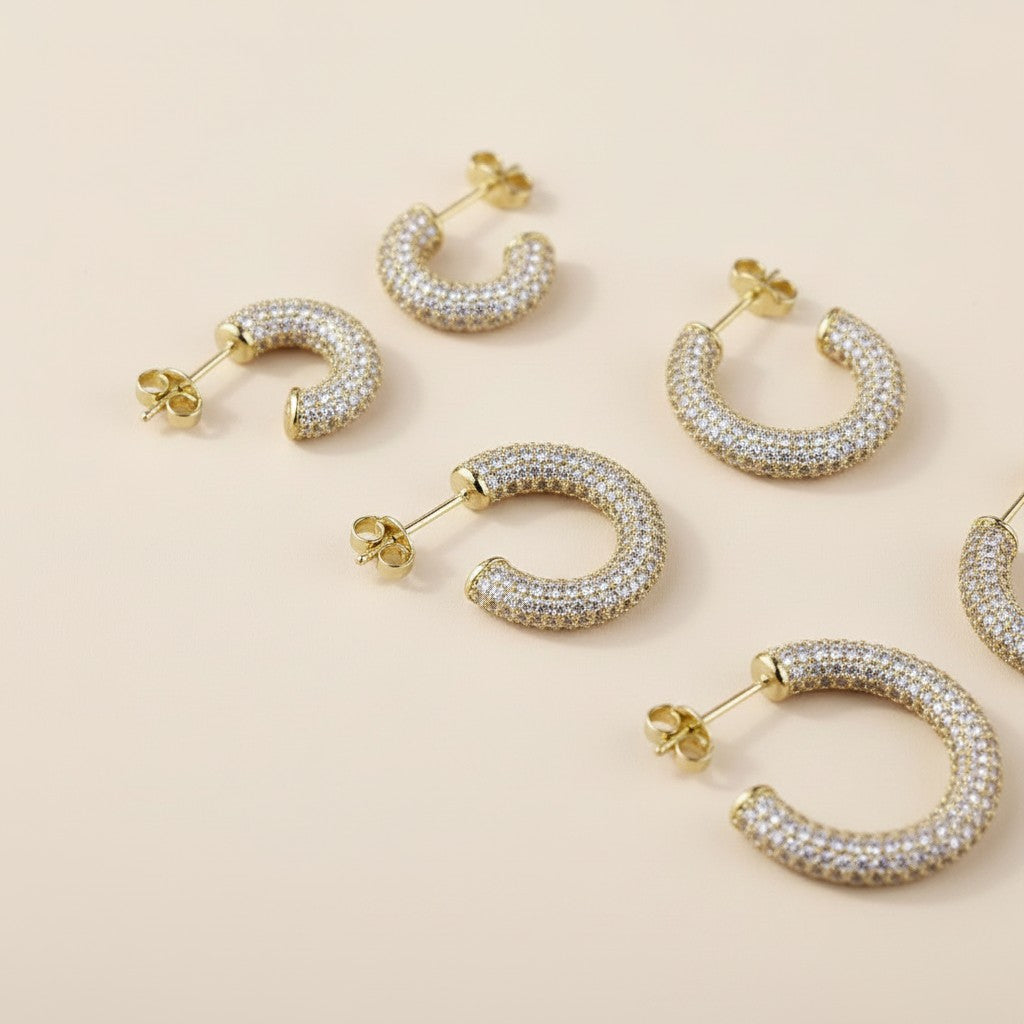 ✨ Iced C-Hoop Earrings — Full Micro CZ Coverage. Three Sizes. Two Metals. One Continuous Sparkle.