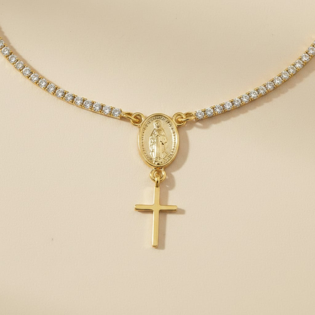🙏 18k Gold Filled Miraculous Mary CZ Tennis Bracelet — Continuous Sparkle. Unwavering Faith.