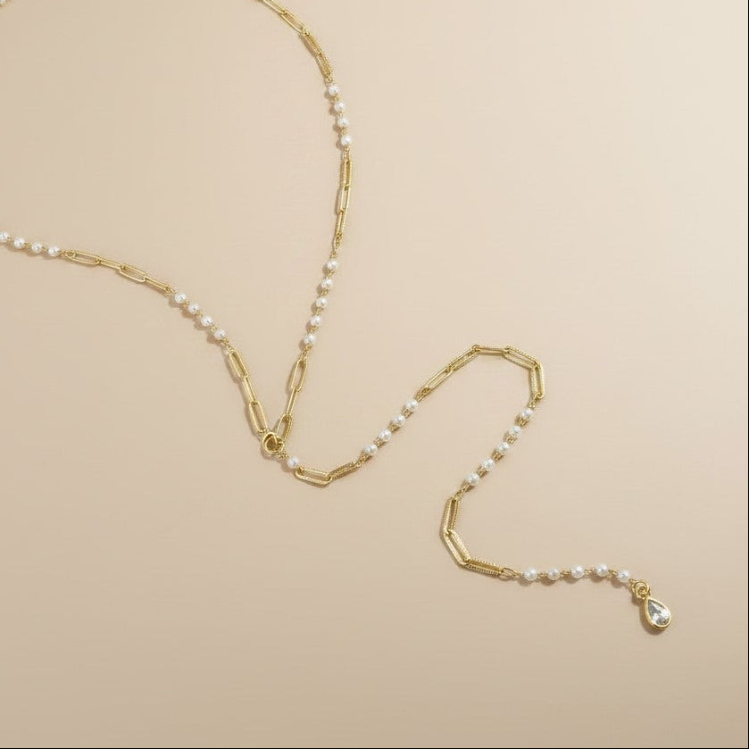 ✨ 18k Gold Filled Pearl & Paperclip Lariat Necklace — Where Modern Gold Meets Timeless Pearl