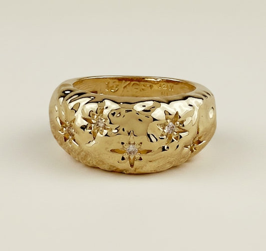 🌙 18k Gold Filled Hammered Moon Ring — Cratered Texture. Scattered Stars. The Moon at the Finger.