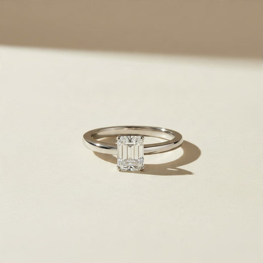 .925 Sterling Silver Rhodium Plated Moissanite Emerald Cut Solitaire Ring