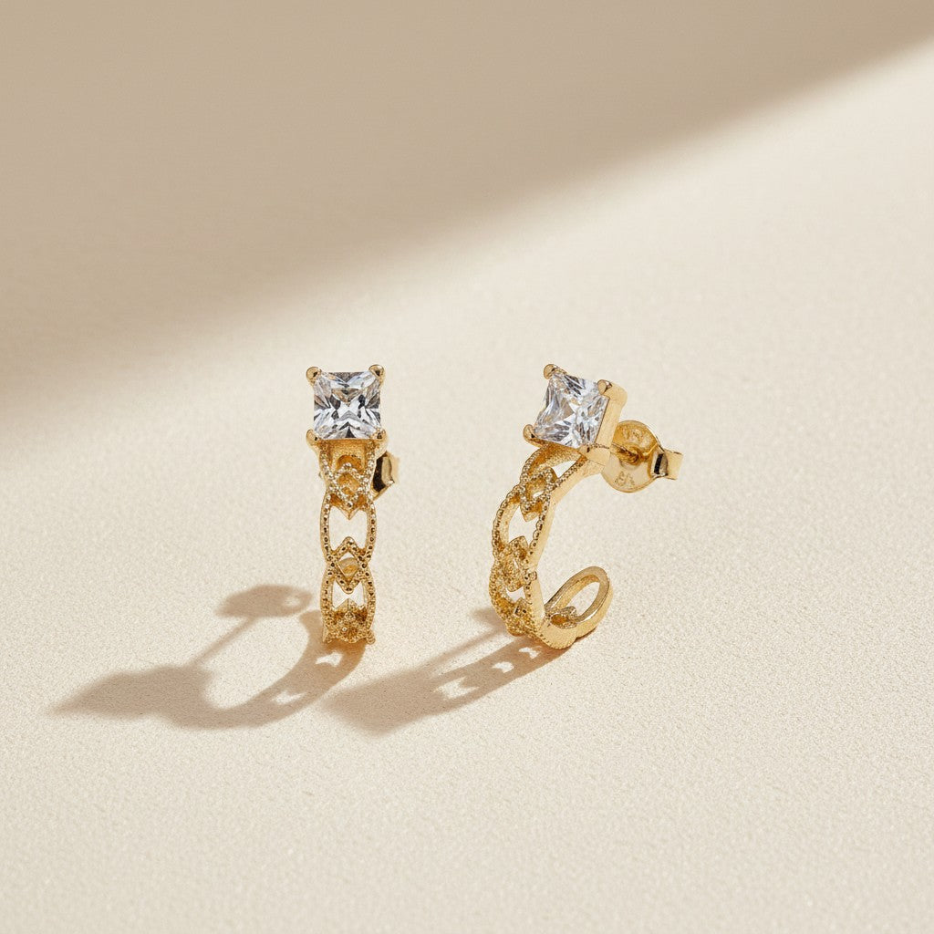 💎 18k Gold Filled Princess Cut CZ C-Hoop Earrings — One Square Stone. The Whole Hoop's Focal Point.