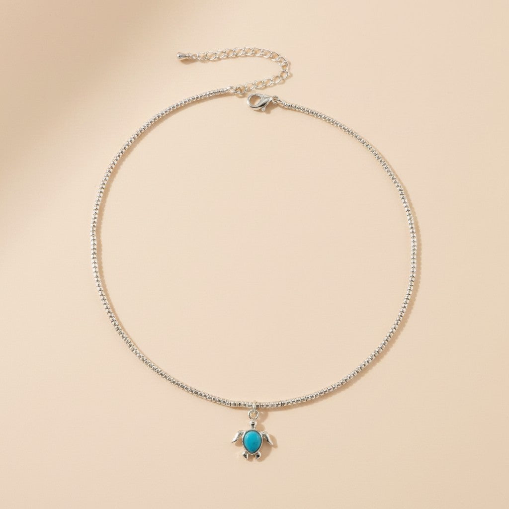 🐢 .925 Silver Filled Sea Turtle Beaded Choker — Salt Water. Silver Beads. One Little Turquoise Turtle.
