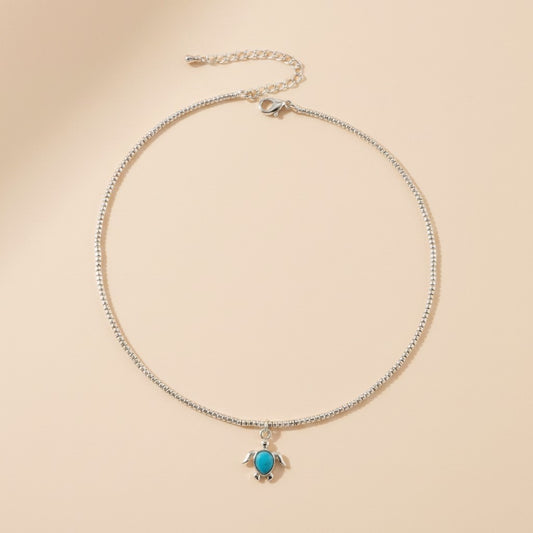 🐢 .925 Silver Filled Sea Turtle Beaded Choker — Salt Water. Silver Beads. One Little Turquoise Turtle.