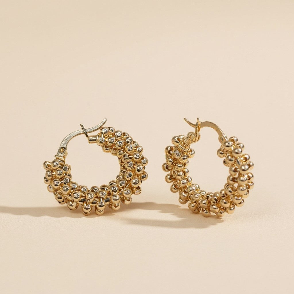 Beaded Cluster Hoop Earrings | Textured Hoop Earrings for Women | Medium Hoop Earrings 25mm | Handcrafted Gold Hoops