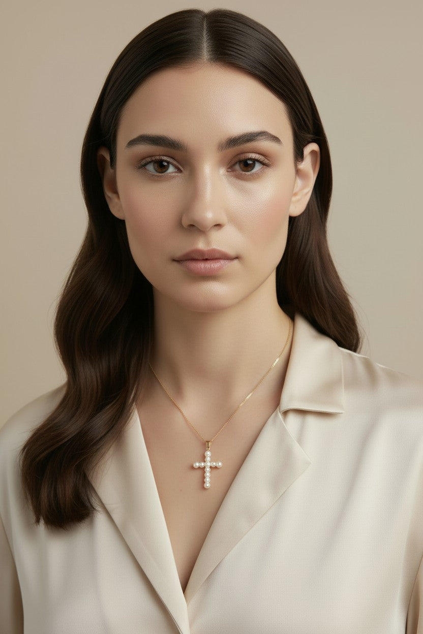 18k Gold Filled Pearl Cross Pendant
