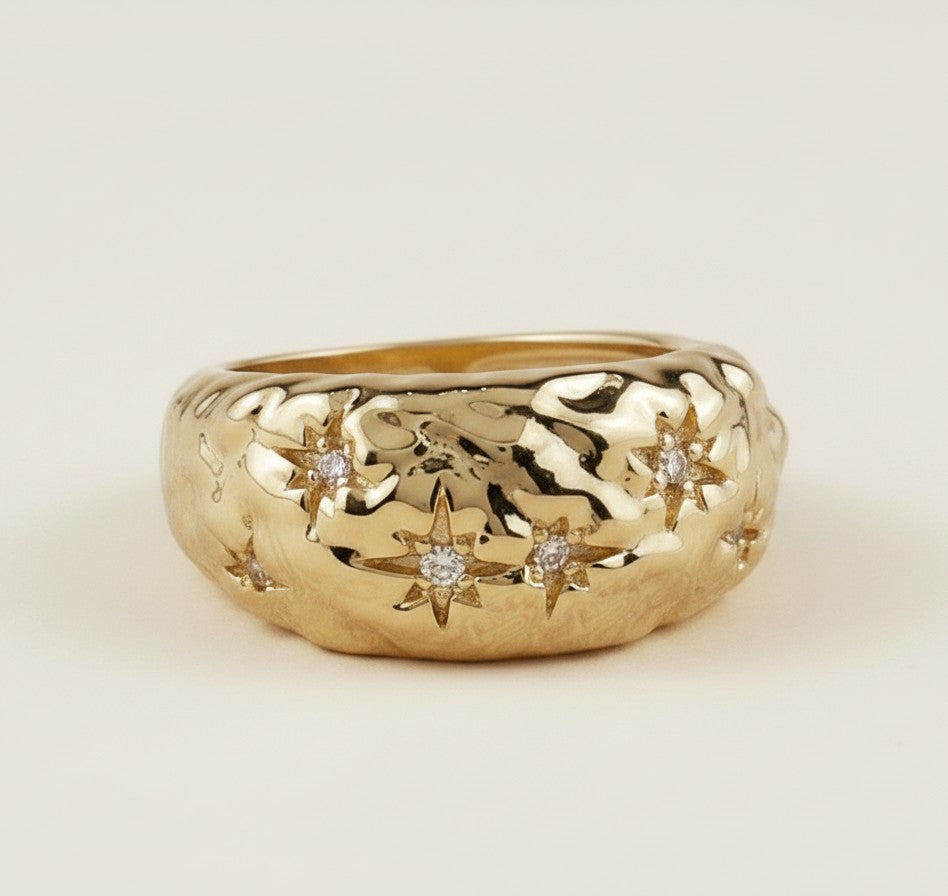 🌙 18k Gold Filled Hammered Moon Ring — Cratered Texture. Scattered Stars. The Moon at the Finger.
