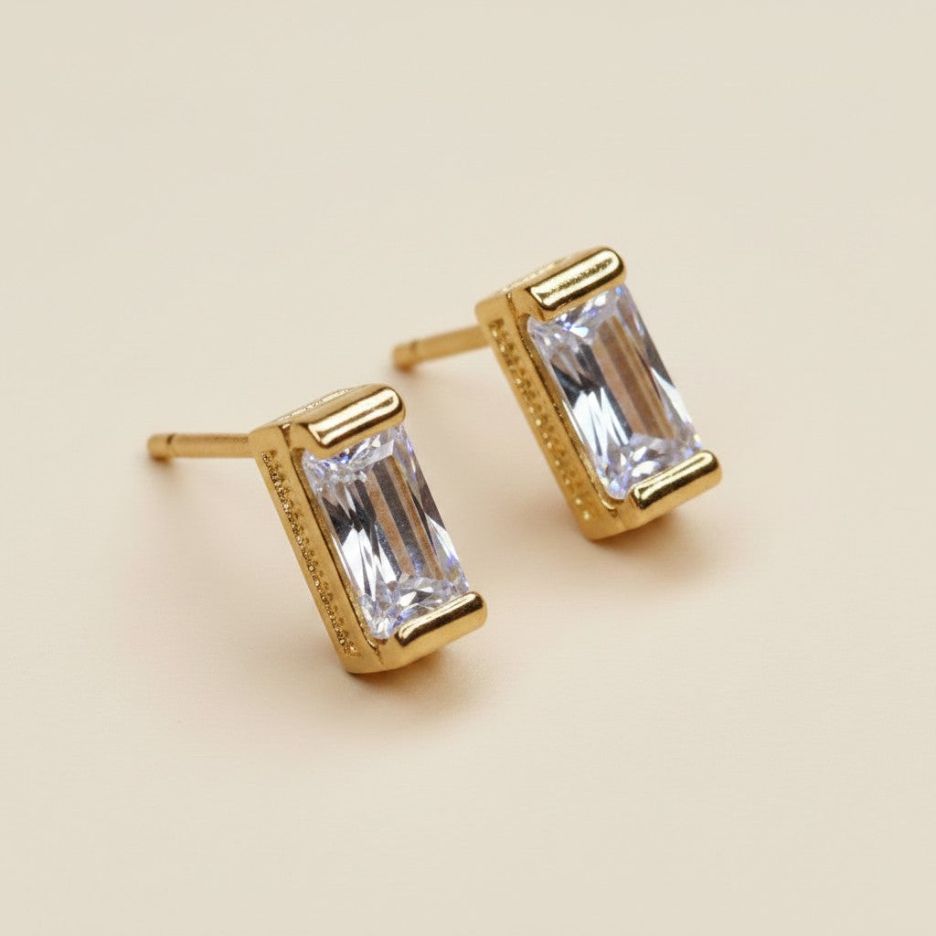 18k Gold Filled Baguette Birthstone Stud Earrings | Personalized Birthday Gift