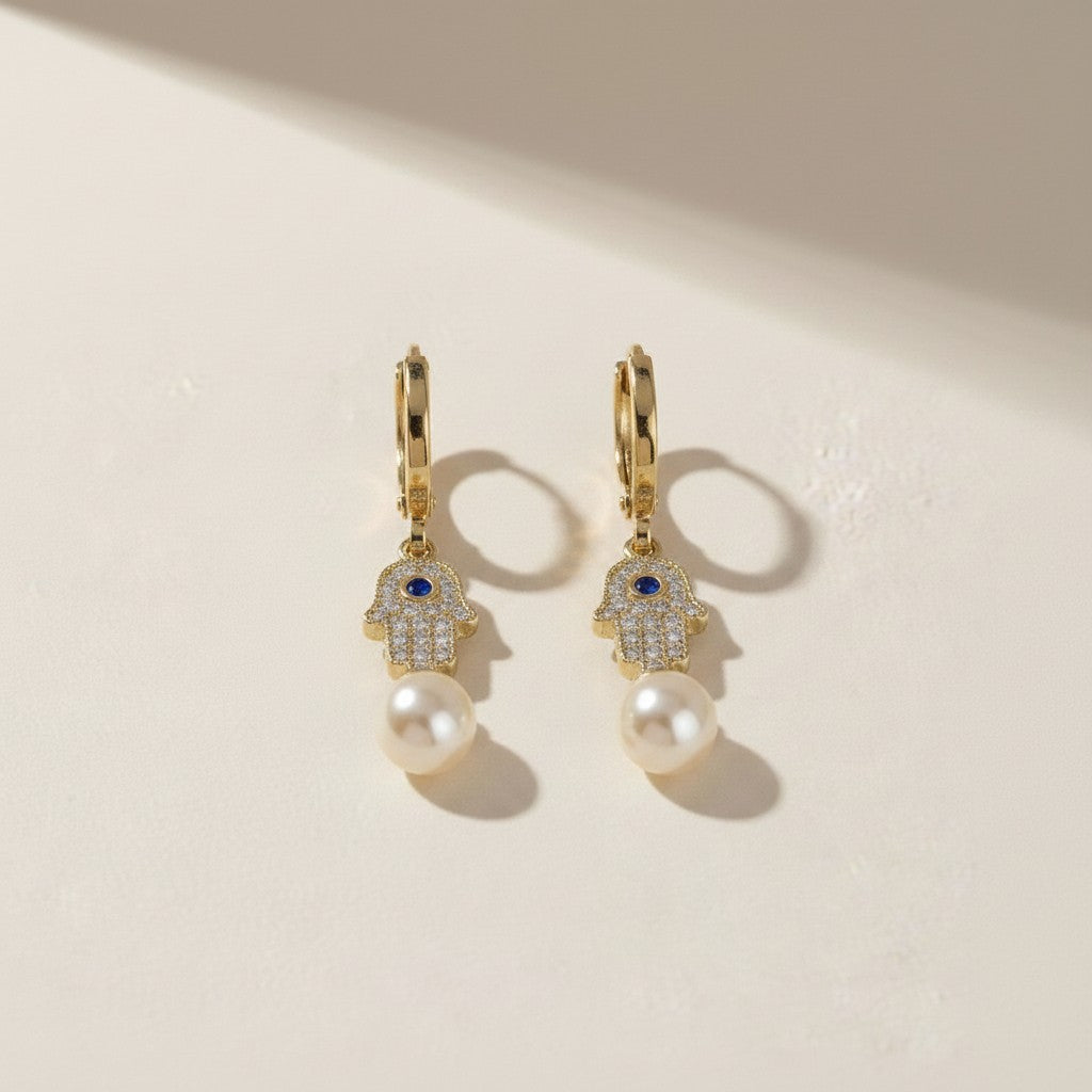 🪬 18k Gold Filled Hamsa Pearl Hoop Earrings — Protection, Elegance, a Little Something Sacred