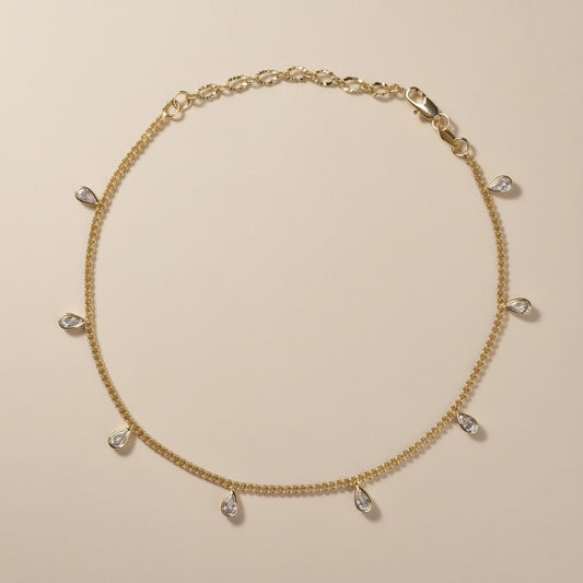 CZ Drop Anklet - Sparkling 2mm Curb Chain with Cubic Zirconia Charms