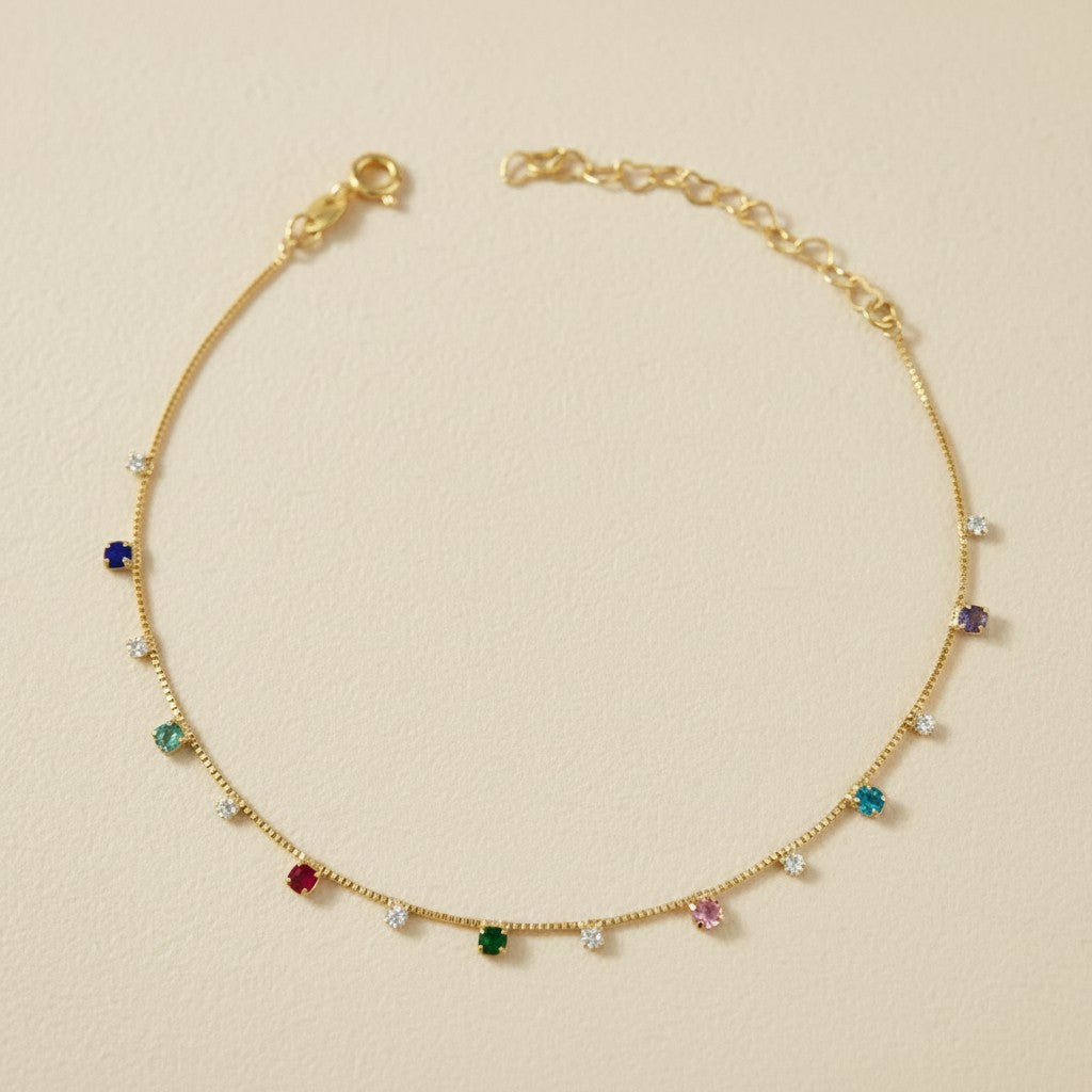 🌈 18k Gold Filled Multicolor CZ Box Chain Anklet — Color Set Into Every Link. The Most Joyful Ankle.