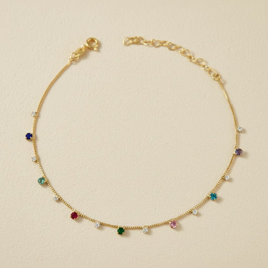 🌈 18k Gold Filled Multicolor CZ Box Chain Anklet — Color Set Into Every Link. The Most Joyful Ankle.