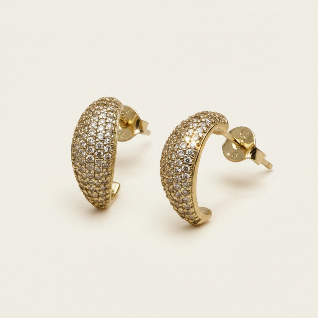 ✨ 18k Gold Filled Micro CZ Curve Earrings — A Single Graceful Arc, Traced in Light.