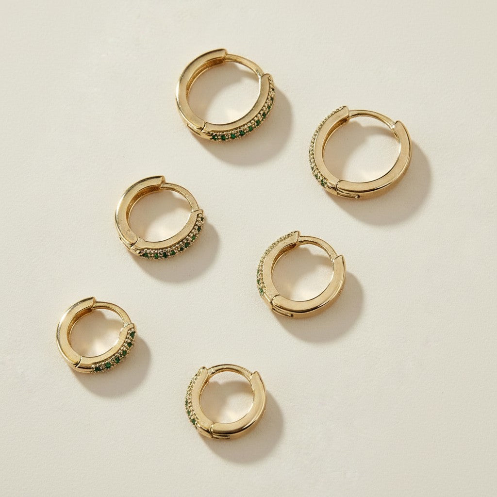 18k Gold Filled Emerald CZ Huggie Earrings | Set of 3