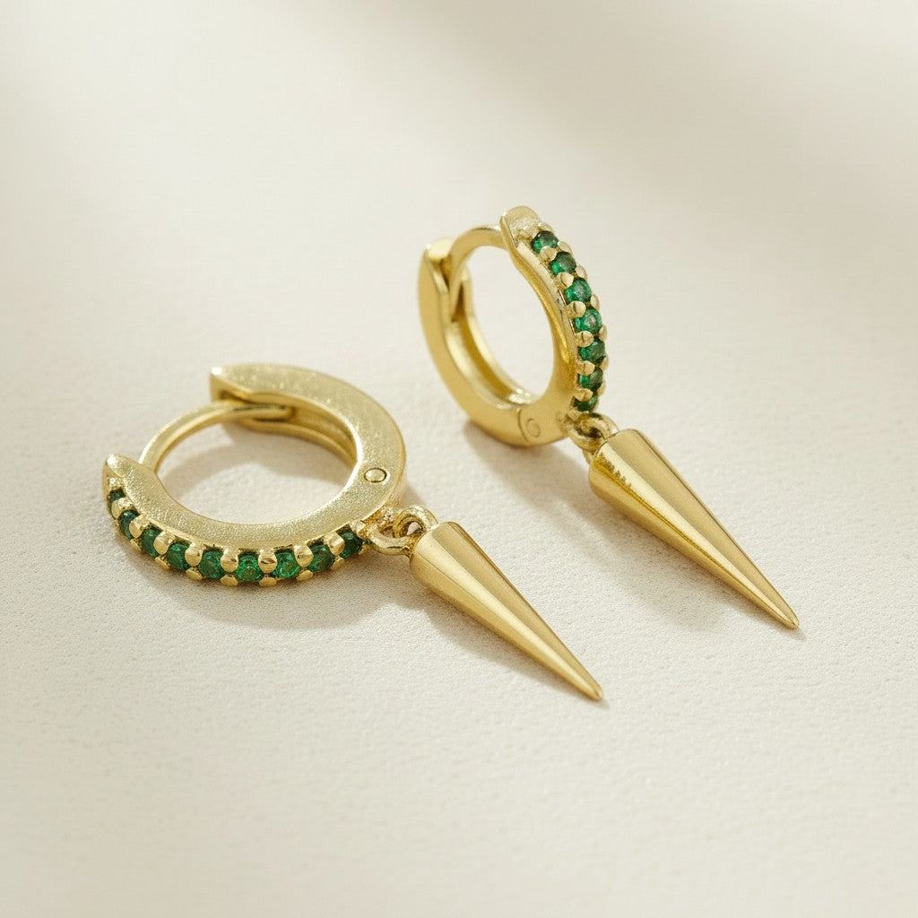 💚 18k Gold Filled Emerald CZ Spike Hoop Earrings — Vivid Green Above. Gold Point Below.