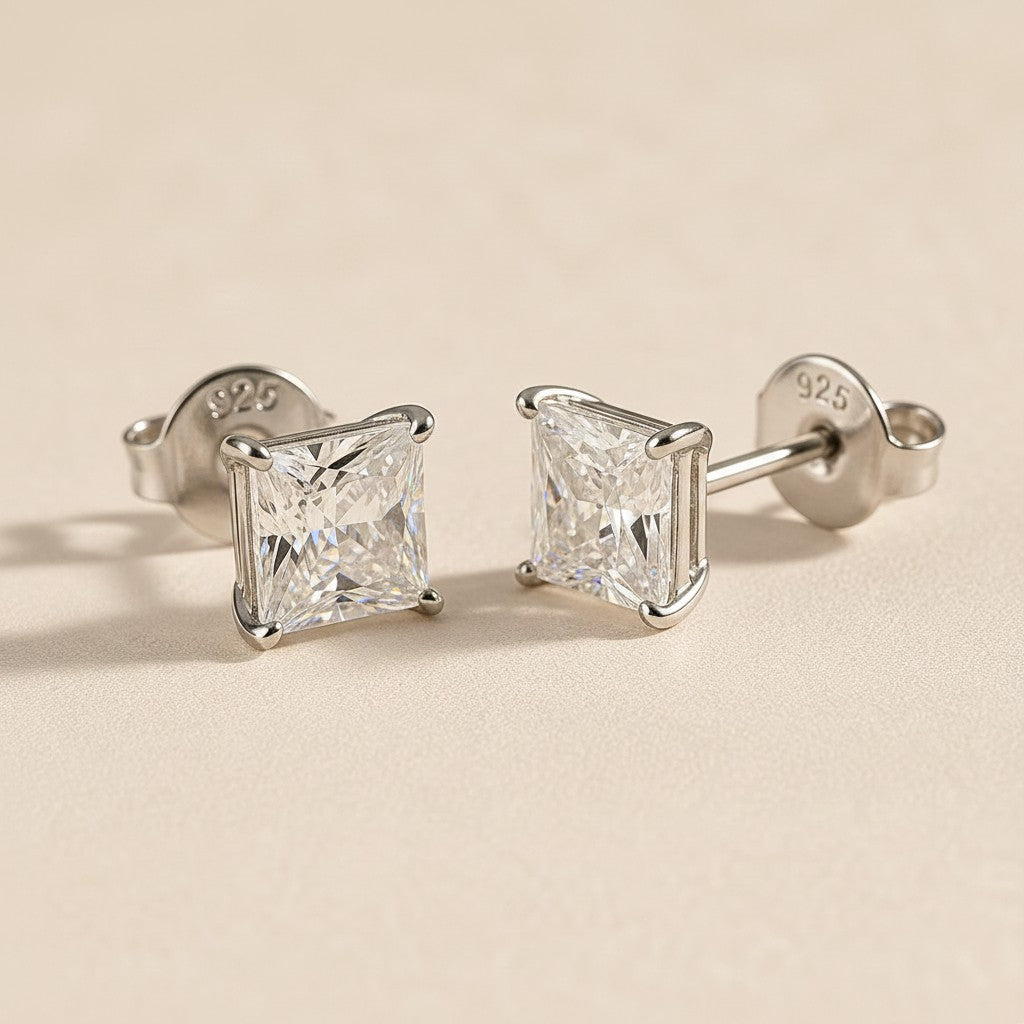 Princess Cut Moissanite Stud Earrings | .925 Sterling Silver, Rhodium Plated