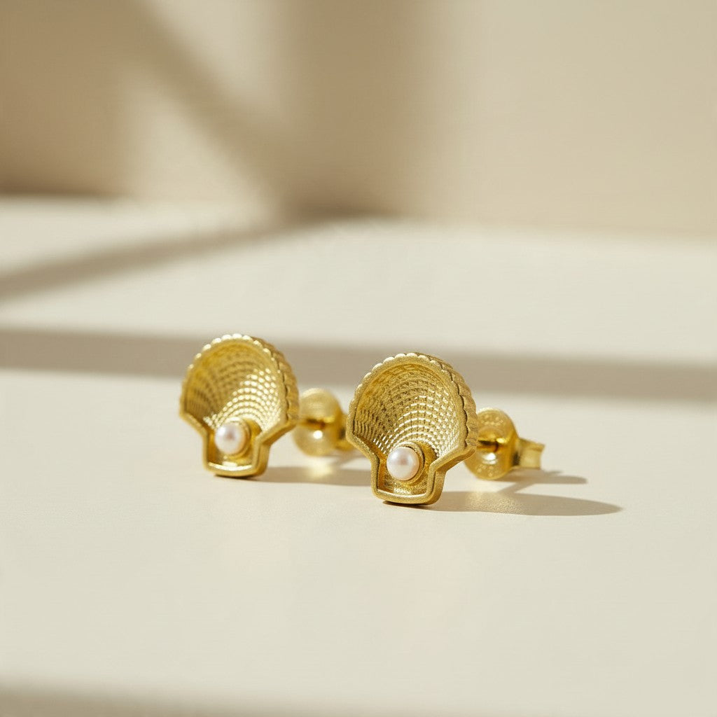 🐚 18k Gold Filled Scalloped Shell &amp; Pearl Stud Earrings — Finely Textured. Pearl Nestled. A Little Bit of Coast at the Lobe.