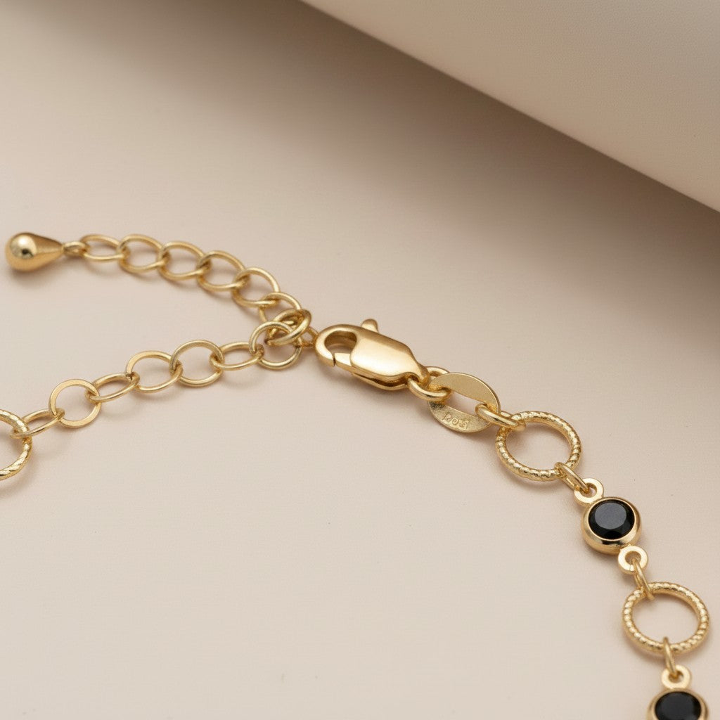 18k Gold Filled Black Bezel CZ & Circles Bracelet
