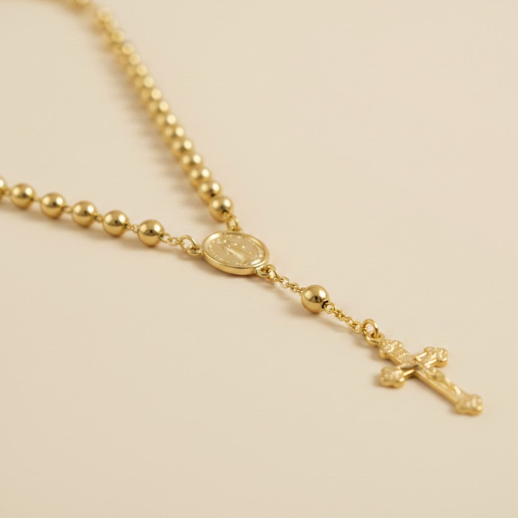 18k Gold Filled Rosary Necklace with Miraculous Medal & Crucifix | Substantial Faith Jewelry