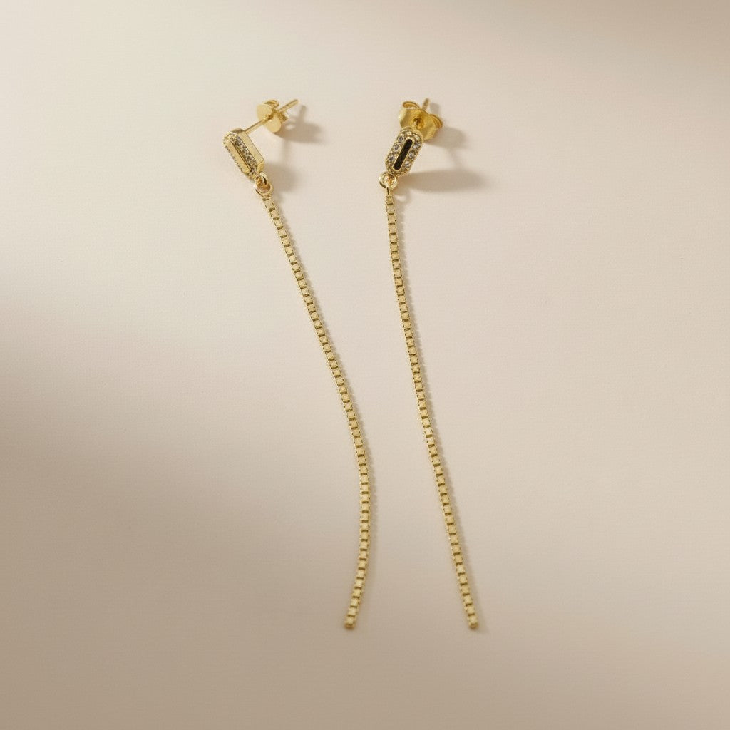 18k Gold Filled CZ Box Chain Drop Earrings — Structured Sparkle, Effortless Drama
