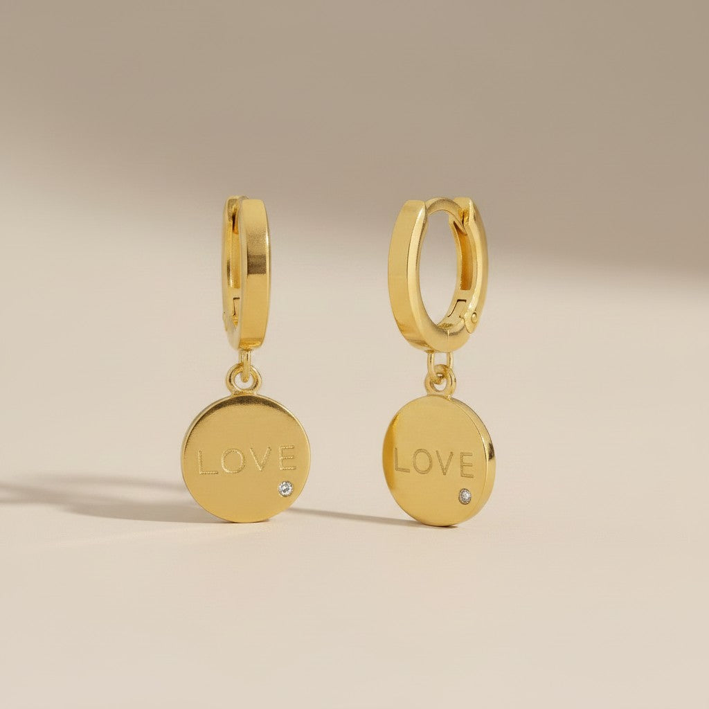 💛 18k Gold Filled LOVE Medallion Hoop Earrings — A Small Hoop. A Circle of Love. Everything It Says.