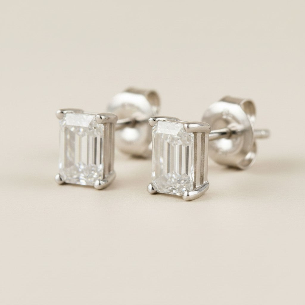 💎 .925 Sterling Silver Emerald-Cut Moissanite Stud Earrings — Step-Cut Clarity. Architectural Precision. 1.6ct Total.