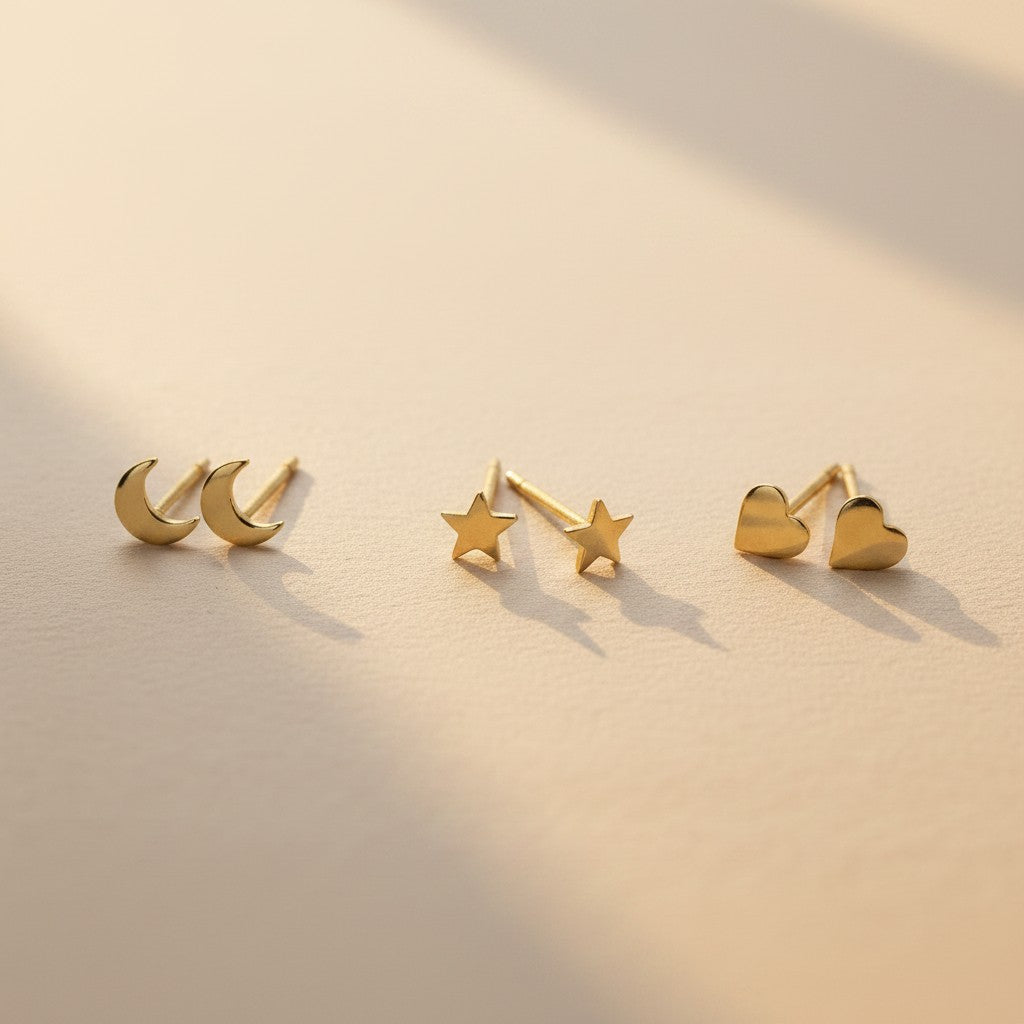 Delicate Earring Set - Moon Star Heart Trio | Minimalist Stud Earrings for Women