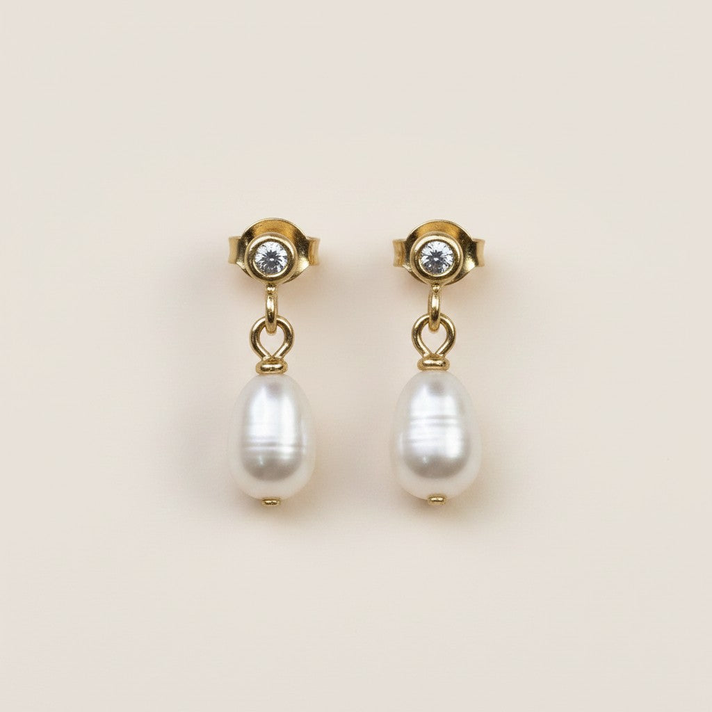 🤍 18k Gold Filled Freshwater Baroque Pearl & CZ Dangle Earrings — Crystal Above. Pearl Below. Nature's Own Pair.