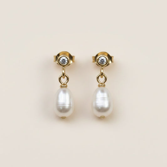 🤍 18k Gold Filled Freshwater Baroque Pearl & CZ Dangle Earrings — Crystal Above. Pearl Below. Nature's Own Pair.