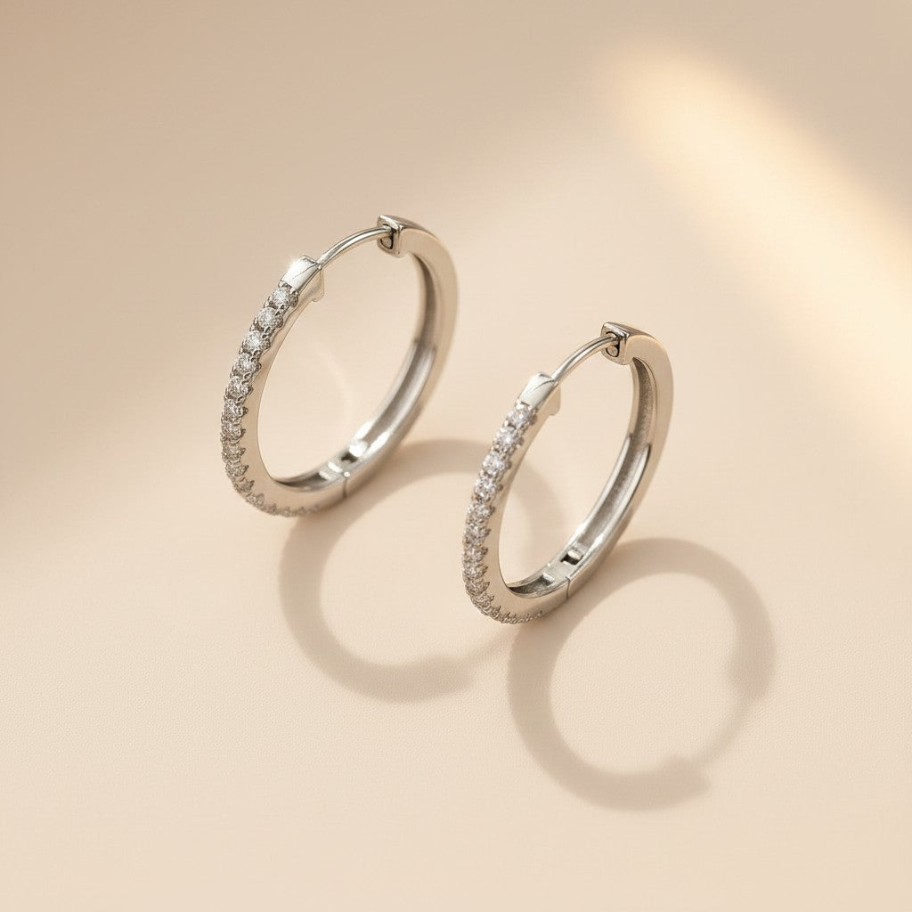 Moissanite Pavé Hoop Earrings | .925 Sterling Silver, Rhodium Plated