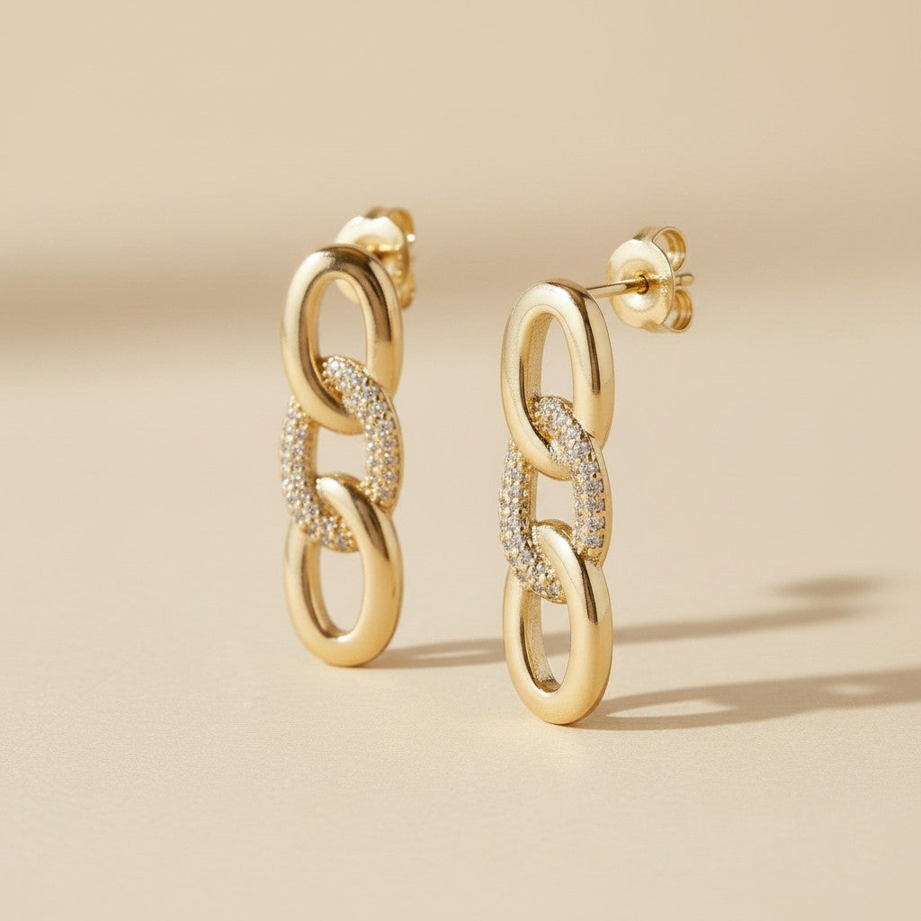 ✨ 18k Gold Filled Faux Chain Pavé CZ Drop Earrings — The Chain Link, Frozen in Gold and Covered in Light.