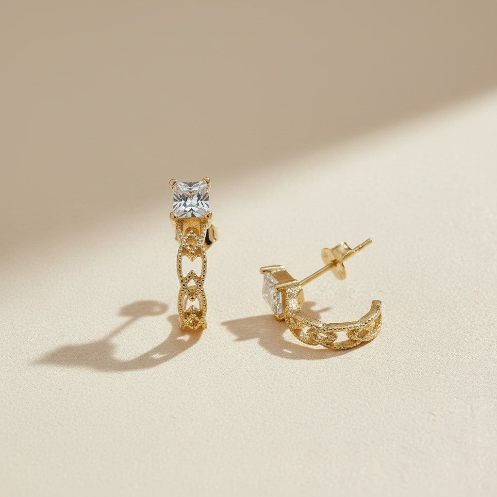 💎 18k Gold Filled Princess Cut CZ C-Hoop Earrings — One Square Stone. The Whole Hoop's Focal Point.